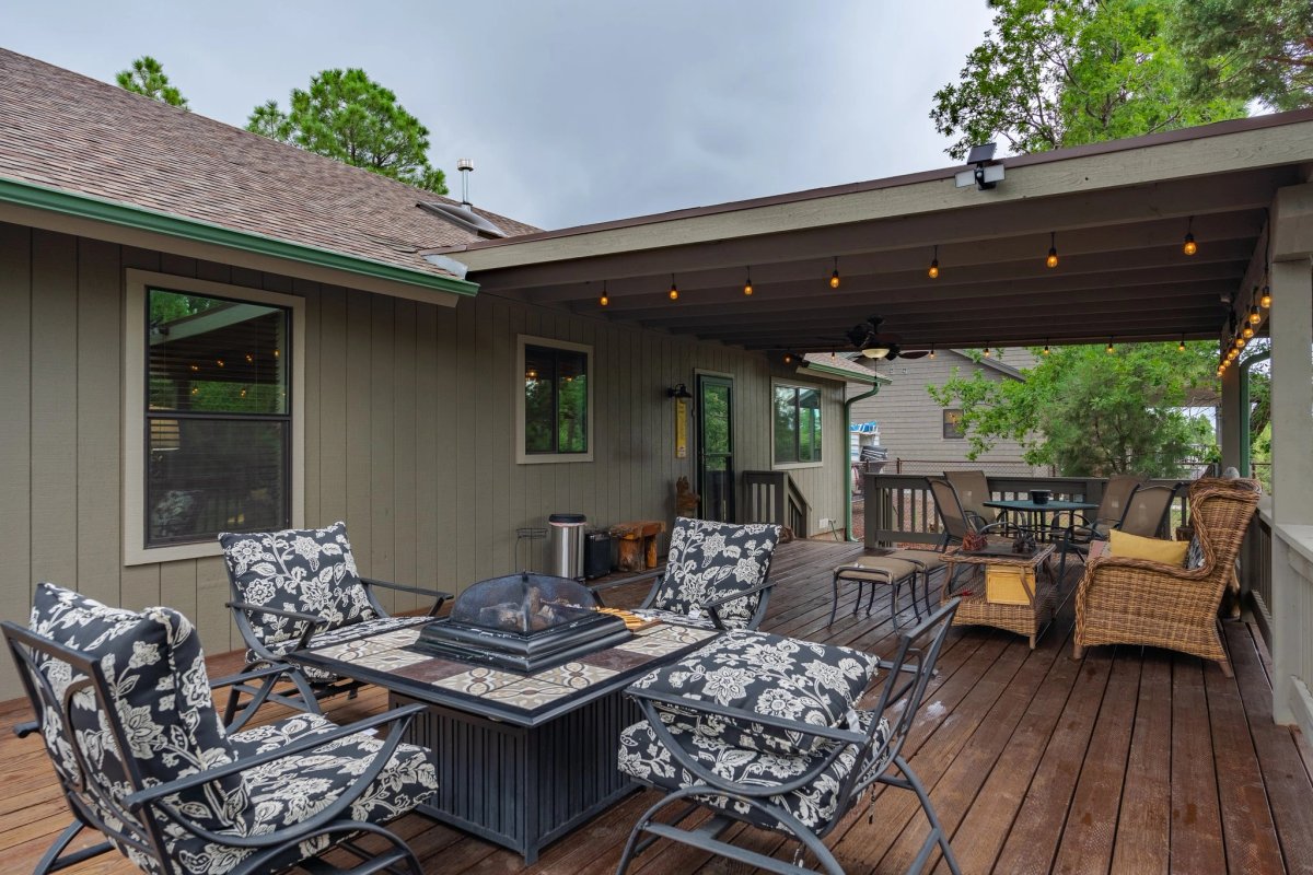 The deck at Terrones Hilltop Hideaway, a Lakeside cabin home base for White Mountains outings